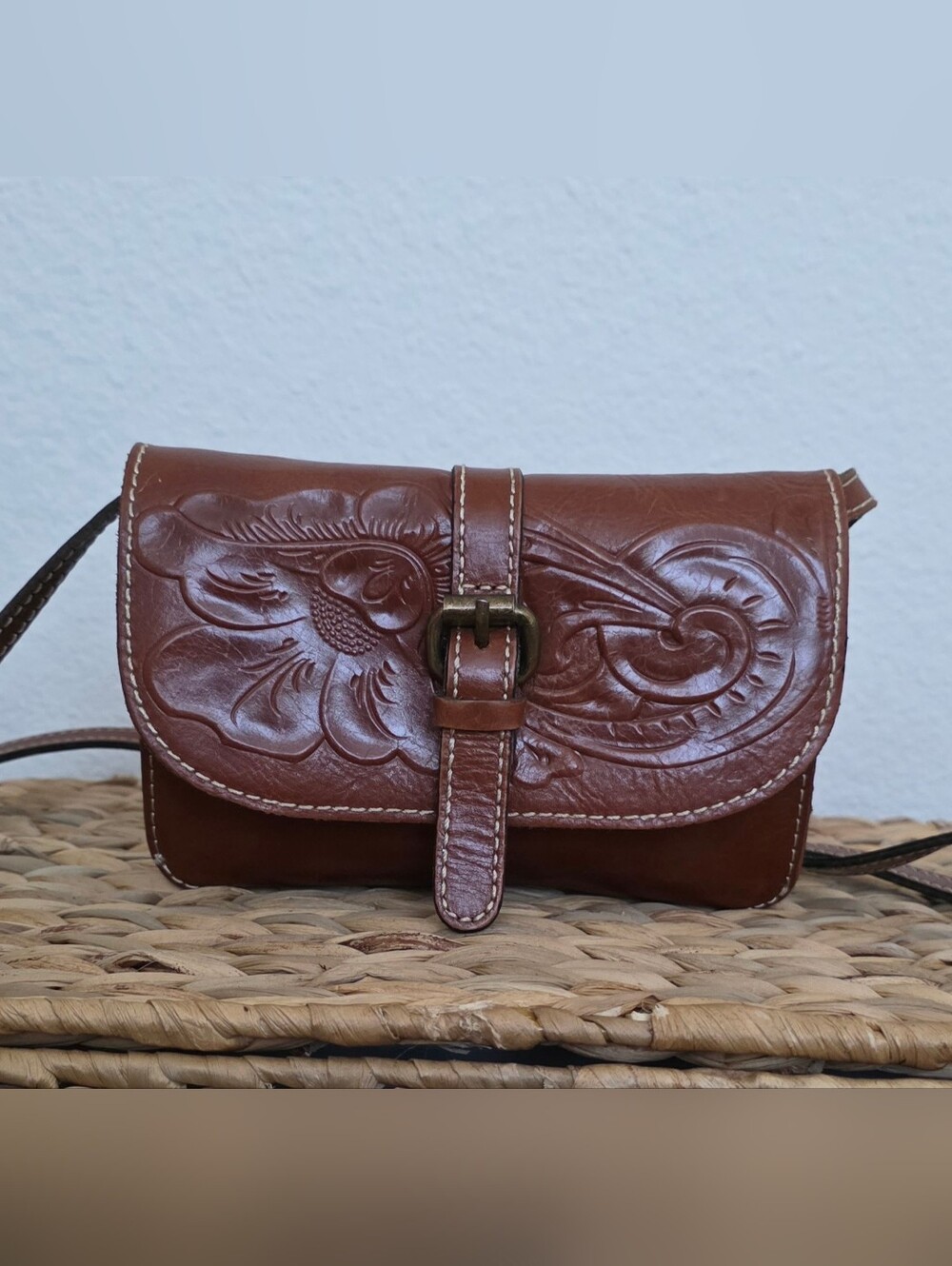 Patricia Nash Brown Tooled Leather Crossbody with Buckle Strap